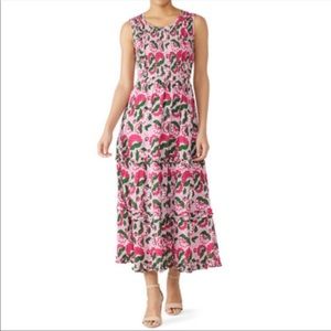 Banjanan Isha pink and green lotus maxi dress with smocking size medium